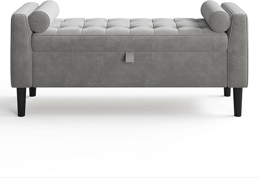 46.5" Storage Ottoman Bench – Upholstered End-of-Bed Storage Chest with Rolled Armrests & Wood Legs, Entryway Shoe Bench and Footrest Seat for Hallway, Bedroom & Living Room& Walk-in Closet (Gray)