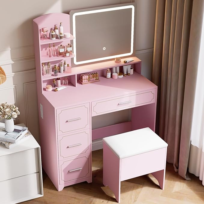 Vanity Table with LED Mirror & Power Outlet - 5 Open Shelves, 4 Drawers - Includes Padded Stool - Ideal Bedroom Makeup Dressing Table （Pink）
