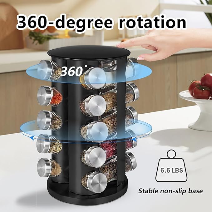 EBIZ&TECH 20-Jar Stainless Steel Rotating Spice Rack with Non-Slip Base - Kitchen Countertop Organizer for Easy Access and Storage of Spices (Black)