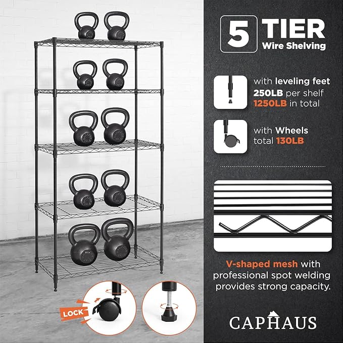 CAPHAUS 3/4/5-Tier Adjustable Height Wire Shelving Unit, Wire Rack Shelving, Metal Steel Storage Shelves, Garage Shelving Storage Organizer, Utility Storage Shelf, 5-Tier With Wheels, Black