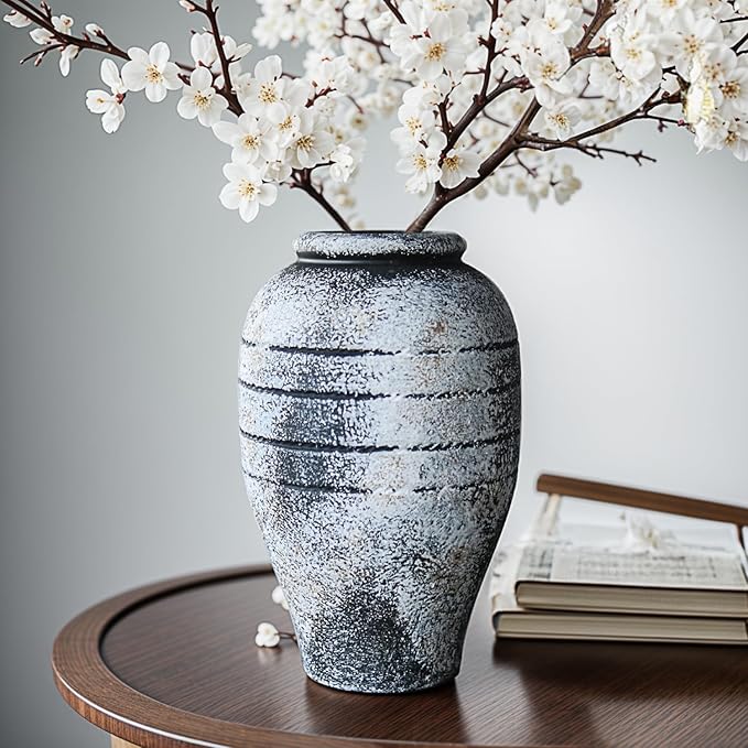 Antique Black Ceramic Flower Vase for Living Room Bedroom 9.06'' Farmhouse Decor for Bouquet Fake Plant Home Decor Office Table Shelf Fireplace Centerpieces Rustic Retro Vintage Classic Modern