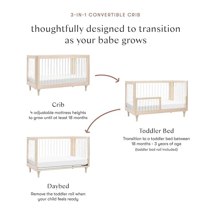 Babyletto Lolly 3-in-1 Convertible Baby Crib - GREENGUARD Gold Certified Convertible Crib to Toddler Bed & Daybed - Wooden Baby Bed, 4 Adjustable Heights - Easy to Assemble - Washed Natural/Acrylic
