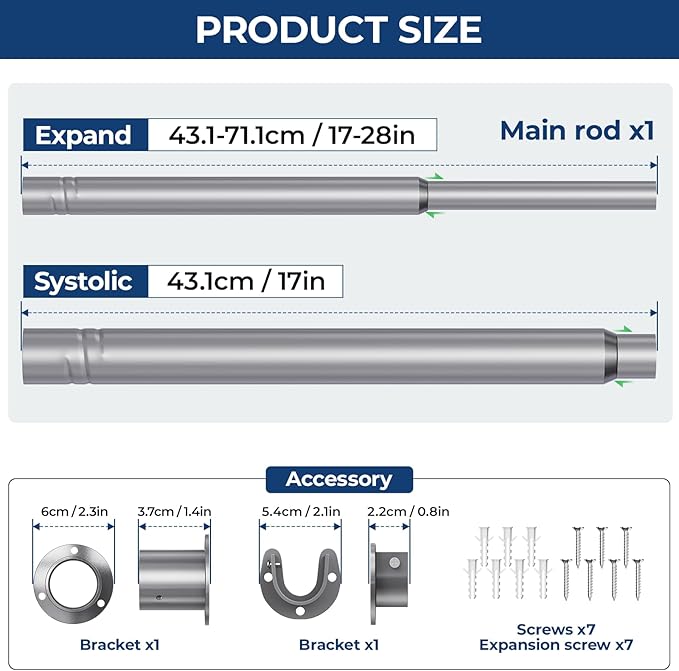 Mavivegue Closet Rod, 17 to 28 Inch Adjustable Closet Rods for Hanging Clothes, Silver Hanging Rod for Closet Wardrobes Laundry RV, Bathroom