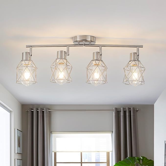 BUXVRCS Adjustable Multi-Directional Brushed Nickel Light Fixtures, Semi Flush Mount Ceiling Light, Kitchen Light Fixtures Ceiling Mount, Geometric Metal Cage Industrial Spotlight Fixtures