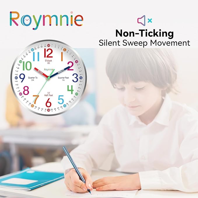 Wall Clock for Kids Learning to Tell Time Easily Non Ticking Battery Operated Kids Teaching Clock Silent Colorful Teaching Time Clock Decorative for Kids Room Classroom School (8 Inch)