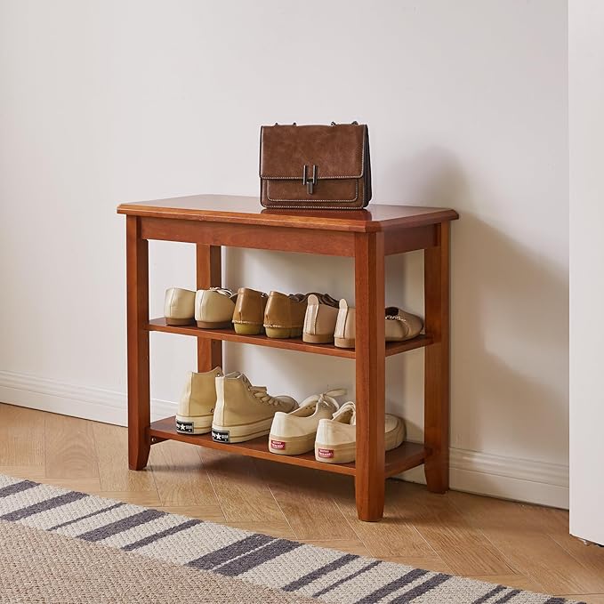 Shoe Bench, 3-Tier Wood Heavy Duty Shoe Organizer Shelf for Entryway, Living Room Brown YD-WD05H