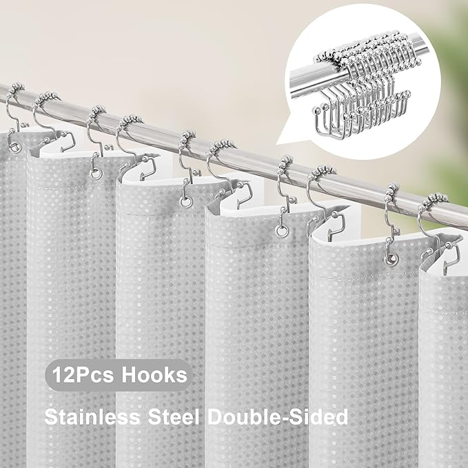 3 in 1 Shower Curtain Set, Light Grey Waffle Shower Curtain and PEVA Liner Set with 12 Stainless Steel Shower Curtain Hooks, Waterproof Shower Curtains for Bathroom, 72 W x 72 H