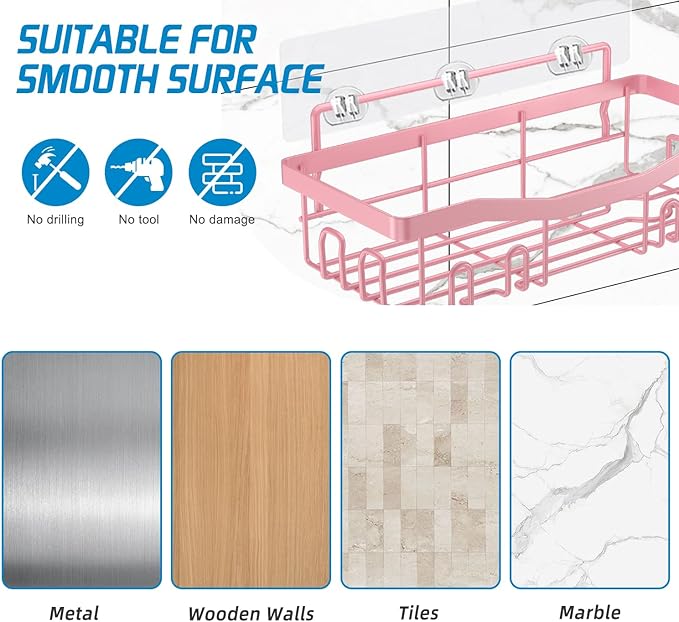 Adhesive Shower Caddy, No Drilling Bath Organizers 5 Pack, Rustproof Shelves with Soap Holder & Toothbrush Holder, Pink Bathroom Accessories Decor Set