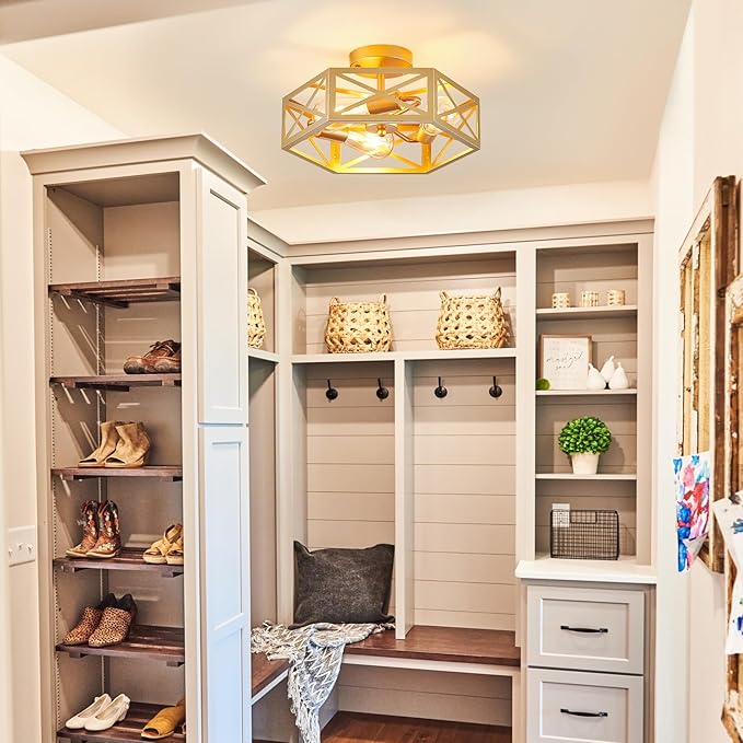 Flush Mount Ceiling Light, Gold Light Fixtures Ceiling Mount, 3 Light Modern Close to Ceiling Light Fixture with Metal Hexagon Cage Brass Lights for Kitchen, Hallway, Bathroom