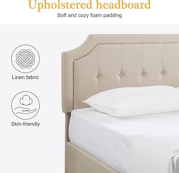 VECELO Queen Size Platform Bed Frame with 4 Storage Drawers,Fabric Upholstered Headboard and Wooden Slats Support,Built-in USB and Type C Ports, No Box Spring Needed,Easy Assembly