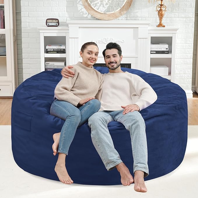 4FT Bean Bag Chair, Large Bean Bag Chairs with Memory Foam Filled, Fluffy Beanbag Sofa with Dutch Velvet Cover, Round BeanBag Chairs for Living Room, Playroom - Blue