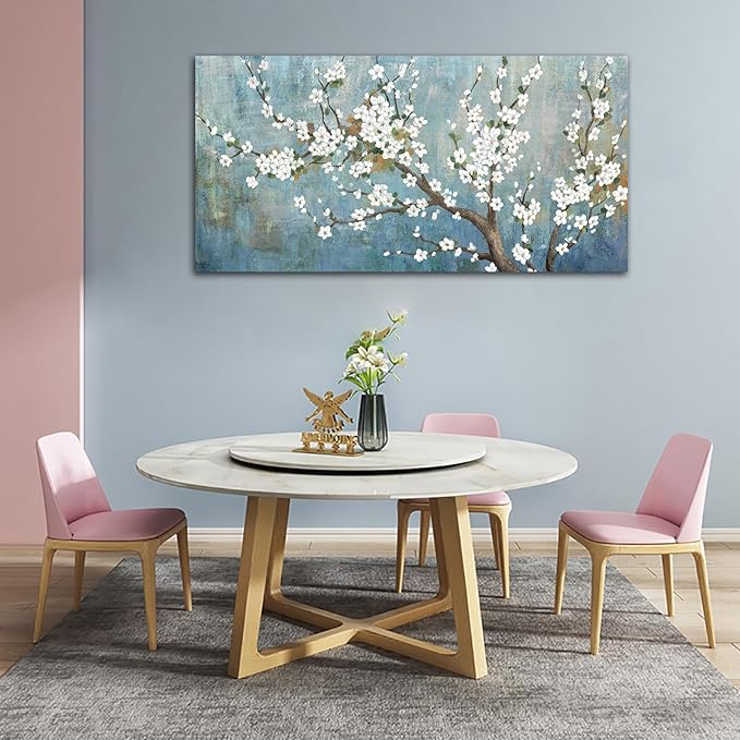 Elegant Flowers Canvas Wall Art - Plum Blossom Pictures for Wall Decor Rustic Turquoise Canvas Painting Nature Printing Artwork for Living Room Bedroom Home Office Wall Decoration 29" x 58"
