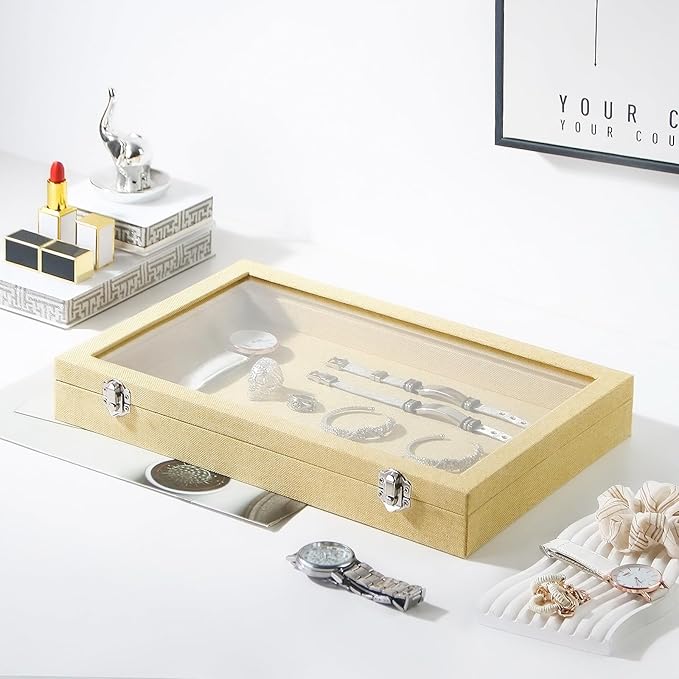 Coward Jewelry Organizer Box, Yellow Linen Blank Display Tray Case with Lid for Storage Necklaces Bracelets Rings Beads and Jewelry Accessories