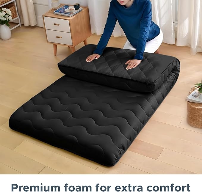 Japanese Floor Mattress, 100% High Density Comfortable Foam, 4" Thicken Foldable Mattress Tatami Mat Sleeping Pad, Ideal for Comfort and Support, Kids Floor Lounger Pillow Bed Sofa, Black, Twin