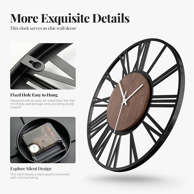 16 inch Wall Clock Battery Operated, Modern Wood Decorative Metal Wall Clock for Living Room, Non Ticking Silent Big Round Black Clocks, Bedroom, Kitchen, Farmhouse, Office Decor-Roman Numerals