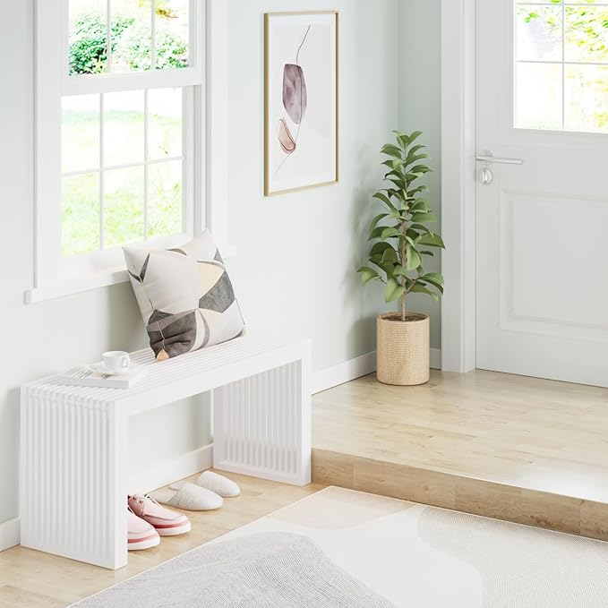Bamboo Dining Bench Indoor Long Entryway Shoe Rack Benchs,Outdoor Modern Wood Benches 35 Inch Bamboo Bench for Living Room Hallway Bedroom Bathroom White