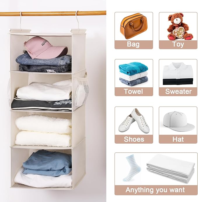 MAX Houser 4 Tier Shelf Hanging Closet Organizer, Closet Hanging Shelf with 2 Sturdy Hooks for Storage,2 Pack, Foldable (Beige)