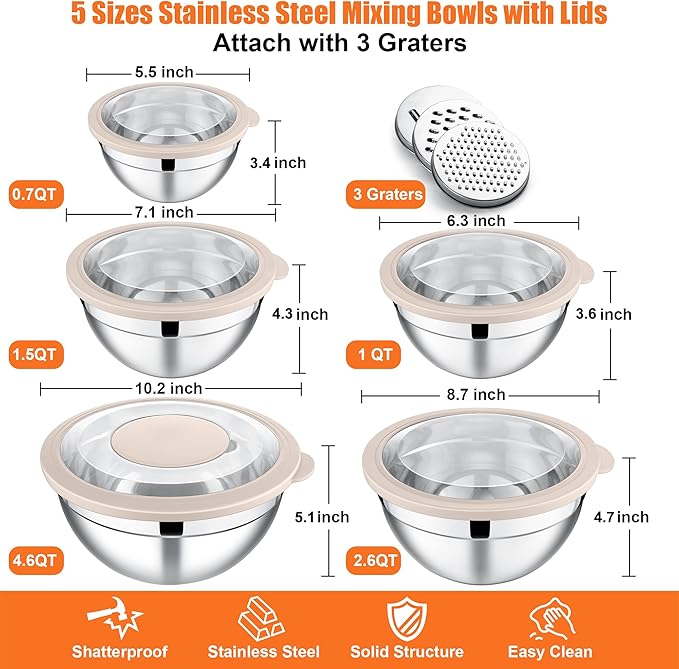 E-far Mixing Bowls Set of 5, Stainless Steel Salad Mixing Bowl with Transparent Lid, Metal Nesting Bowl Attach with 3 Graters for Kitchen Prepping/Serving/Baking/Storage, 4.6/2.6/1.5/1/0.7 QT - Khaki
