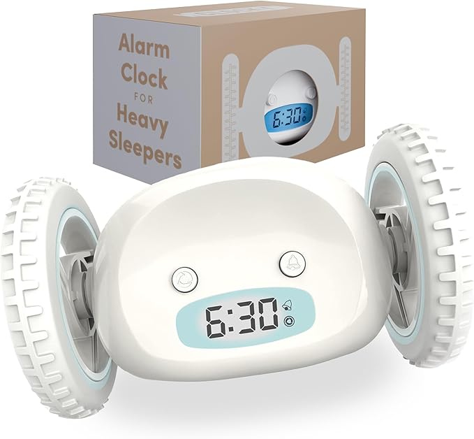 CLOCKY Extra Loud Alarm Clock for Heavy Sleepers on Wheels Rolls Runs Away Vibrating, Easy to Set Super Smart Snooze Digital Bed Shaker Alarm Clock Funny Gift for Adults Kids Teens Bedrooms (White)