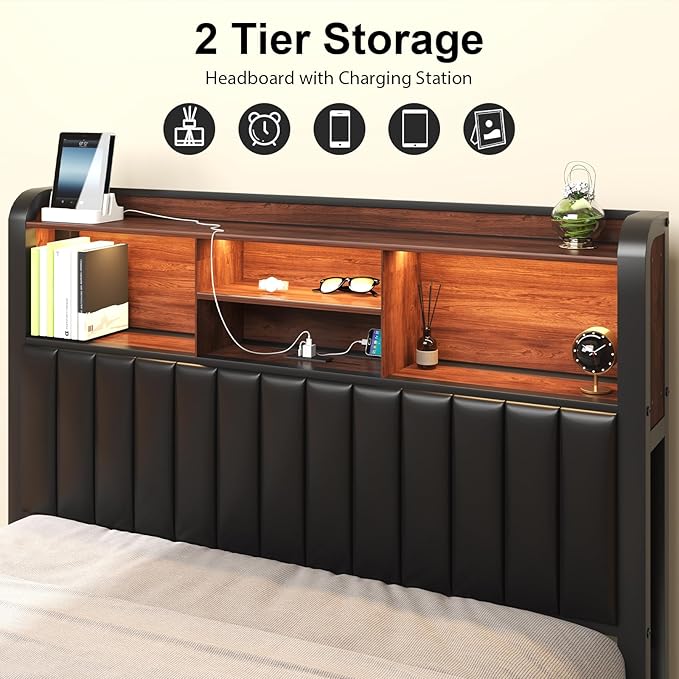 Queen Bed Frame 54.3" Tall with 3-Tier Storage Headboard and Charging Station, Metal Platform Bed Frame with LED Lights and PU Leather, Noise-Free, Metal Support, No Box Spring Needed, Black