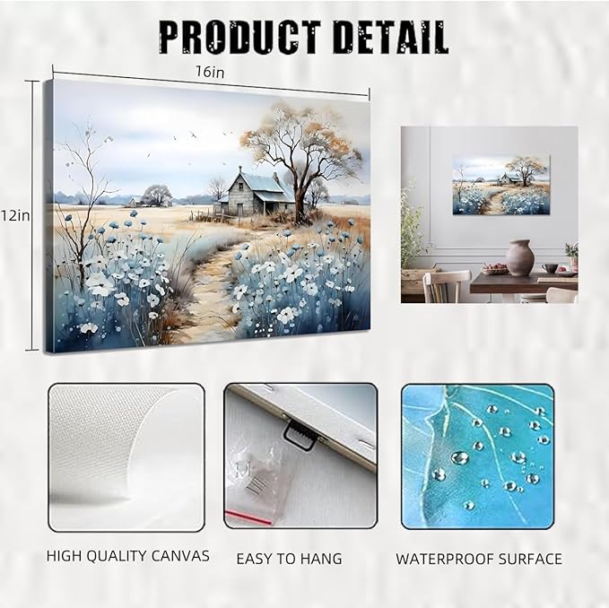 CYULWNNO Rustic Farmhouse Wall Art Beautiful Field Painting Pictures Decor Wildflower Barn Canvas Prints Nature Scenery French Countryside Poster for Bathroom Bedroom Living Room Wall Decor 12x16in Framed