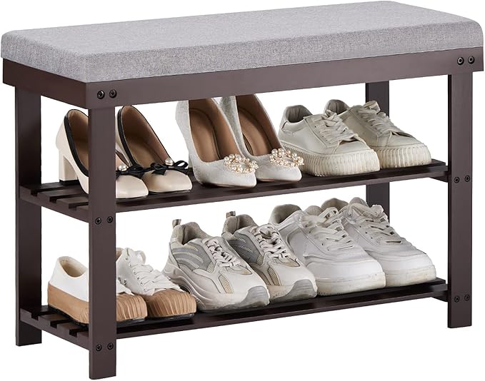 Apicizon 3-Tier Shoe Rack for Entryway, Bamboo Shoe Bench with Cushion Padded Seat, Small Shoe Organizer with Storage for Indoor Entrance Hallway Bedroom Living Room, Brown