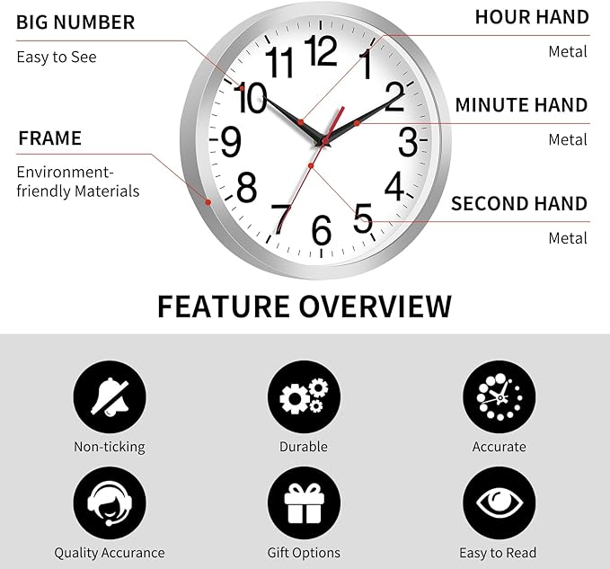 14 Inch Wall Clock Modern Battery Operated Silent Non Ticking Analog Clock Decorative for Bedroom Kitchen Bathroom Office Home Living Room (Silver)