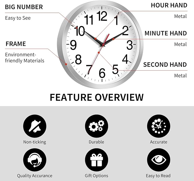 12 Inch Wall Clock Modern Battery Operated Silent Non Ticking Analog Clock Decorative for Bedroom Kitchen Bathroom Office Home Living Room (Silver)