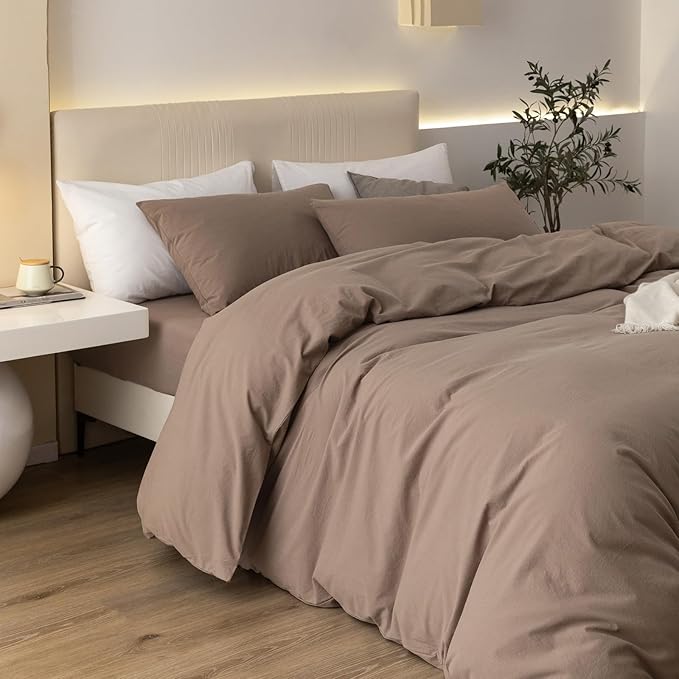 JIYUAN 100% Washed Cotton Duvet Cover Set 3 PCS Oversized King Plus, 1 Duvet Cover 128"x120"(Comforter Not Included) and 2 Pillowcases,Linen Feel Bedding Set Comfy and Breathable,Light Brown