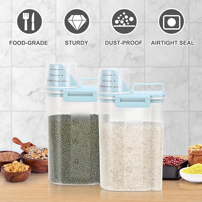 TBMax Rice Storage Container 2 Pack, Plastic Kitchen Pantry Food Storage Container with Cup, Small Pet Dog Cat Food Container Dispenser - Sky Blue