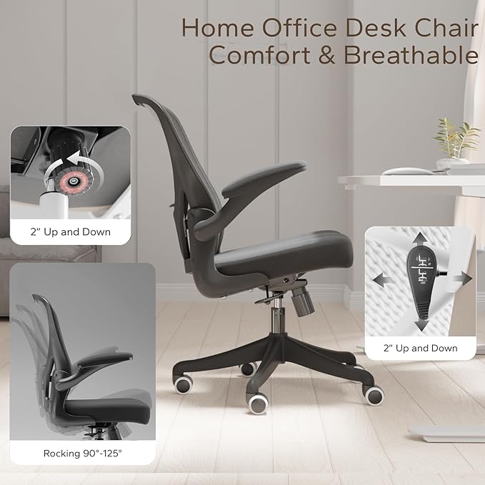 Ergonomic Office Chair with Adjustable Flip-Up Armrests & Lumbar Support - Thickened Cushion Desk Chair with Wheels, Home Office Computer Chair (Black)