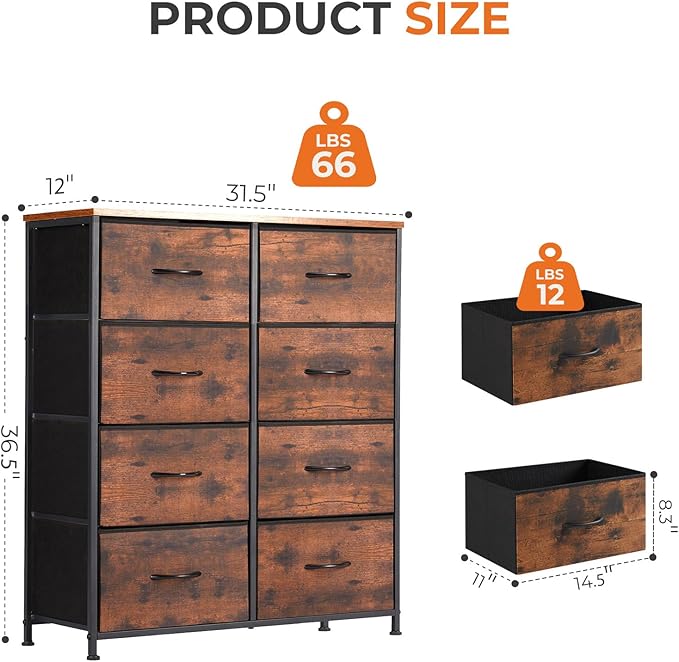 Sweetcrispy Dresser with 8 Drawers for Bedroom, Fabric Dresser Storage Tower, Chest of Drawers Organizer Unit, Storage Cabinet for Hallway, Closets, Steel Frame, Wood Top, Brown