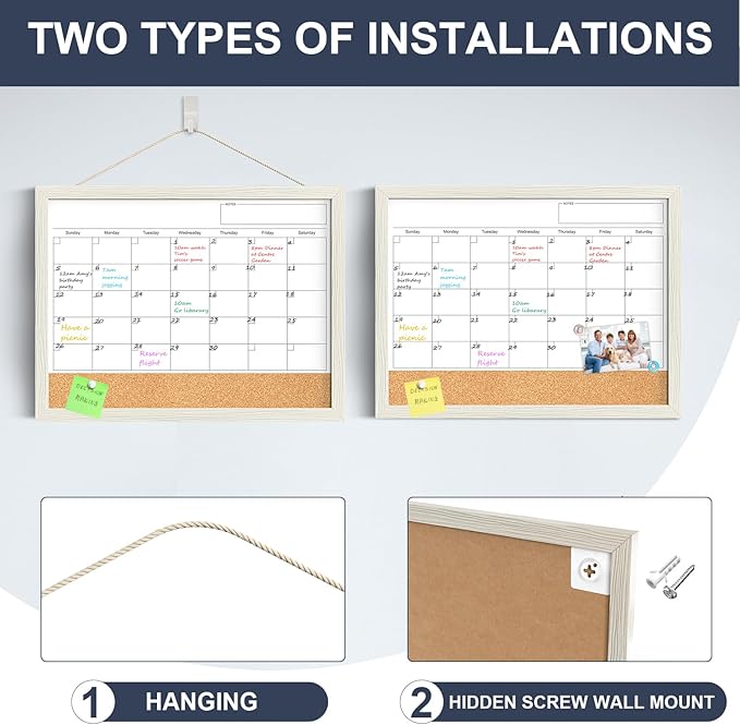 Calendar Whiteboard for Wall, TANKEE 17x13 Inches Whiteboard Calendar Cork Board Combo, Small Magnetic White Board with Wood Framed, Hanging Dry Erase Board for Kitchen Home Office School Planner