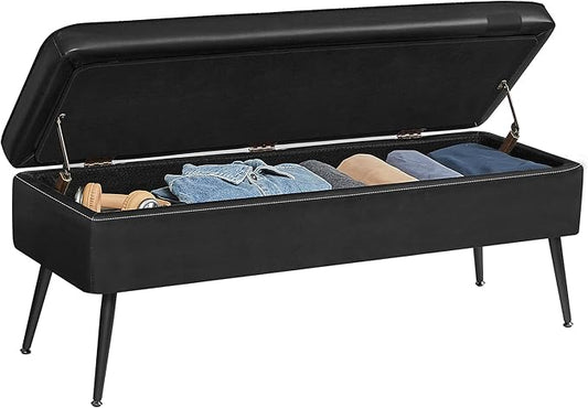 VASAGLE EKHO Collection - Storage Ottoman Bench, Entryway Bedroom Bench, 15 Gallons, Synthetic Leather with Stitching, Mid-Century Modern, Safety Hinges, Loads 660 lb, Ink Black ULOM074B01