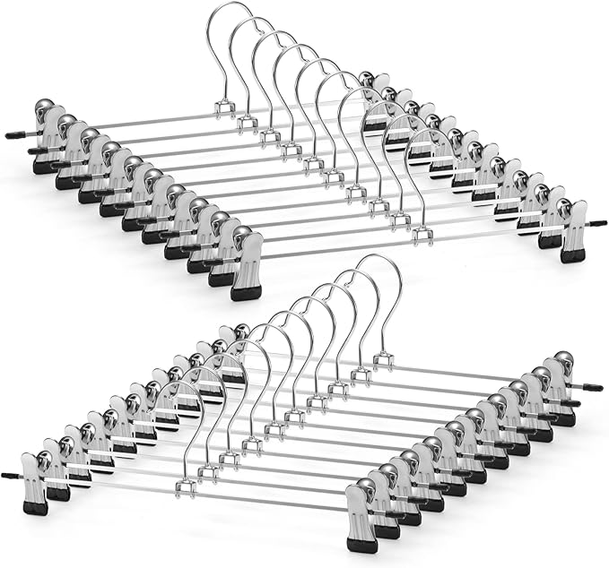 Pants & Skirt Hangers with Adjustable Non-Slip Clips, Space Saving Metal Hangers for Coat, Garment, Jeans & Kids Adults (20 Pack)