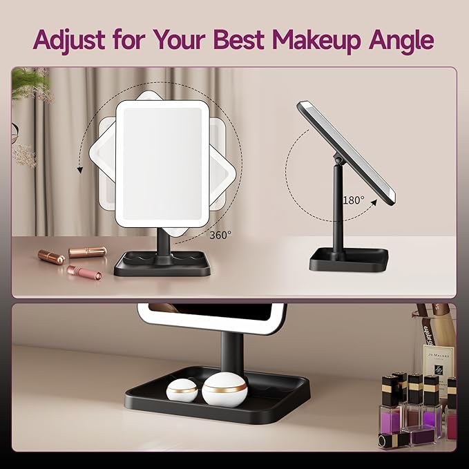 FUNTOUCH Vanity Mirror with Lights, Rechargeable 10X Magnification 3 Color Lighting Portable Tabletop Cosmetic Make Up Mirror, 360° Rotation Led Light up Mirrors with Storage,White