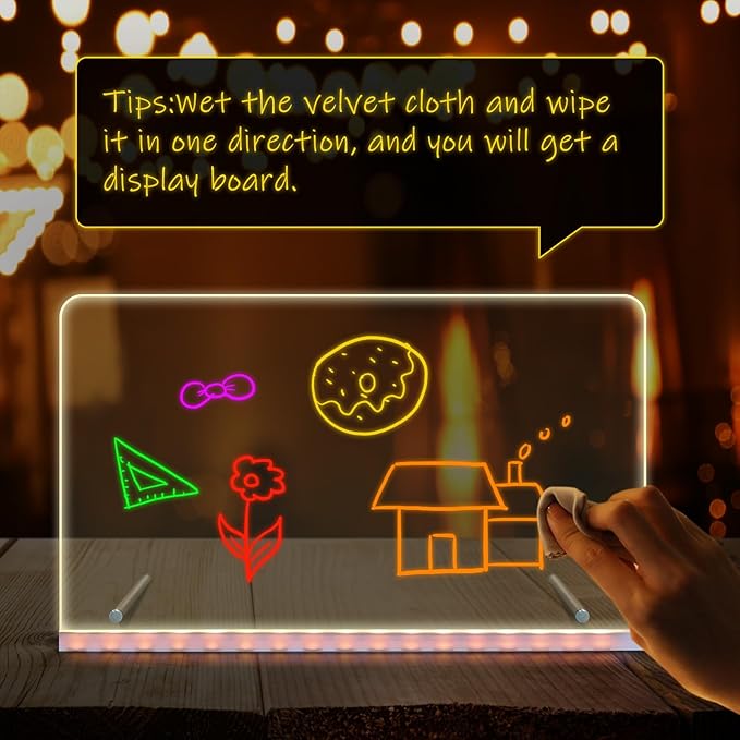 Doodle Glow LED Drawing Board - Reusable Acrylic Dry Erase Light Board with 7 Color Markers, Hangable & Standable Gift for Kids, Home, Office (11.8"x7.9")