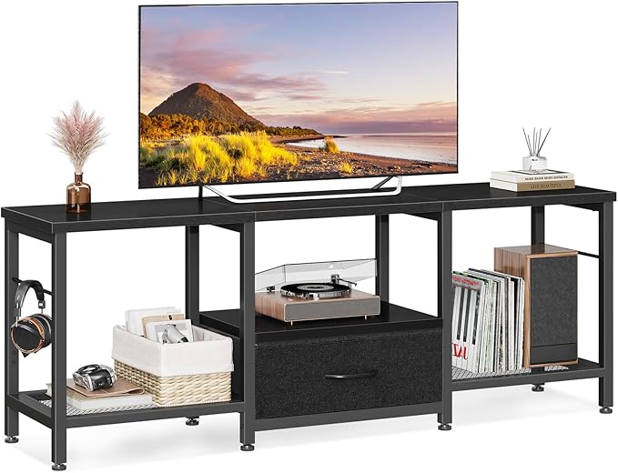 Casaottima 47" TV Stand with Open Storage Shelves up to 55 Inch TVs, Entertainment Center with Fabric Drawers, TV Console Table with Soundbar Shelf TV Stand for Living Room Bedroom, Pure Black