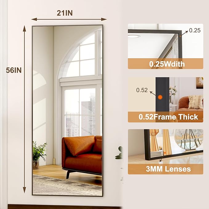 HARRITPURE 21"x56" Full Length Mirror Floor Rectangle Mirrors Aluminum Frame Standing Wall & Leaning Large Dressing Mirror for Living Room Bedroom Cloakroom,Black