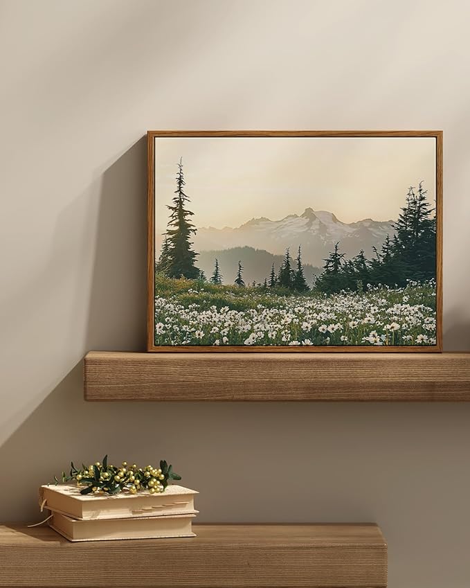InSimSea Framed Canvas Wall Art Vintage Decor, Forest Wall Decor for Living Room Bedroom Bathroom Office, Nature Landscape Wildflowers Mountains Oil Painting Prints, Home Desk Decorations, 12x16inch