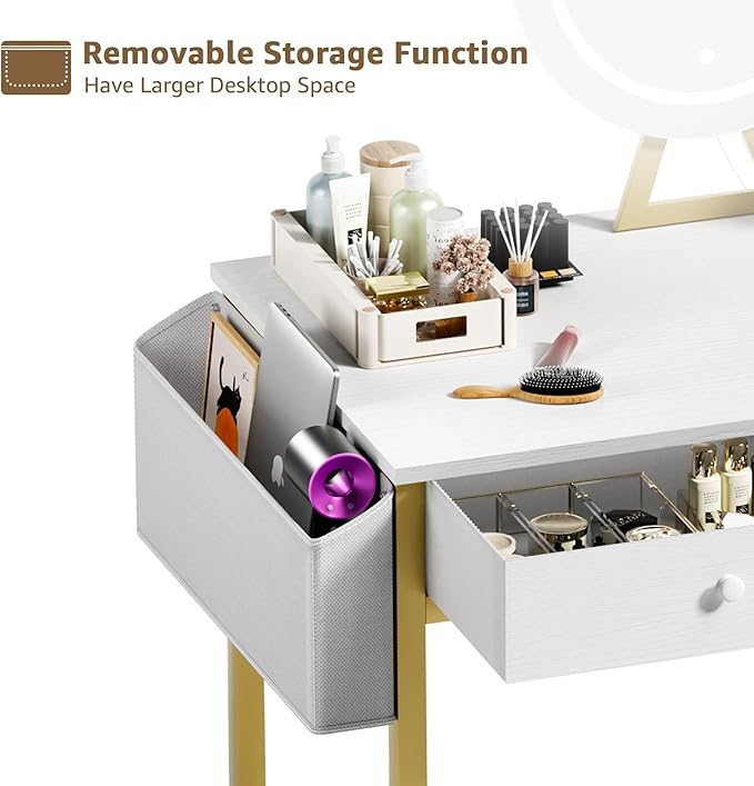 Makeup Vanity Desk with Mirror and Lights - Girls White and Gold Vanity Table Set with Chair, Fabric Drawers, Power Outlet, Small Modern Make Up Dressing Table for Bedroom