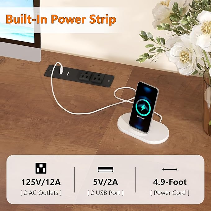 50 Inch Computer Desk with 8 Drawers, Home Office Desk with Power Outlets, Work Study Gaming Desk with 8 Fabric Drawers, Brown and White