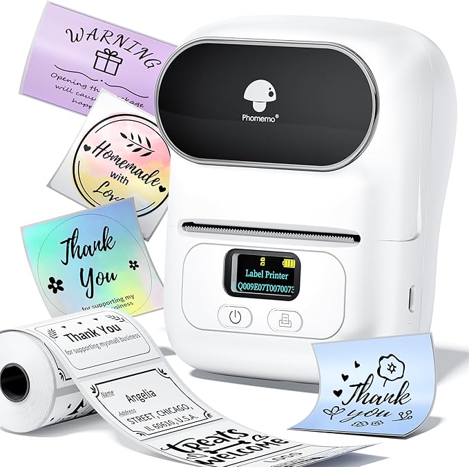 Phomemo M110 Label Makers - Portable Bluetooth Thermal Label Maker Machine,Label Printer for Name, Barcode, Clothing, Jewelry, Retail, Mailing, for Android & iOS, with 1Pack 40×30mm Label, White