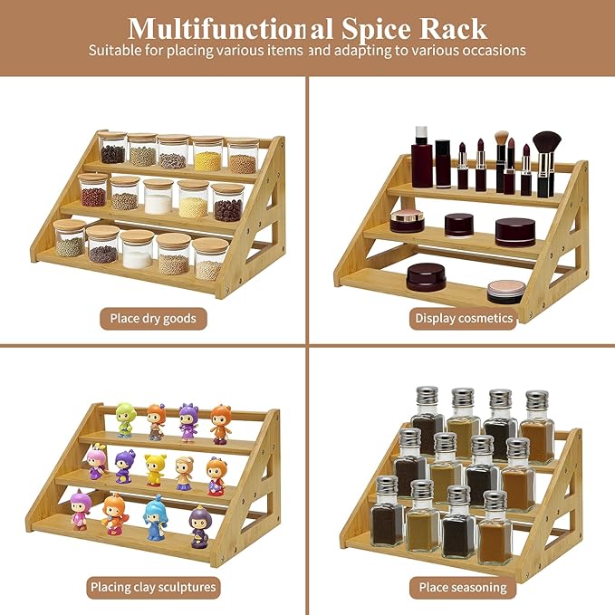 3-Tier Spice Rack Organizer,Bamboo Spice Rack for Kitchen Countertops,Cabinets & Pantries,Modern Space-Saving Design, Durable Bamboo Organizer (Spice Bottles Not Included)