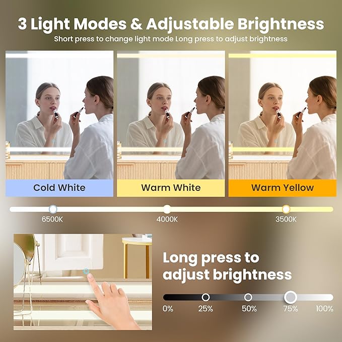 Fluted Makeup Vanity Desk with Mirror and Lights, 5 Drawers Glass Top Makeup Vanity with 4 Storage and 9-Grid Organizer, 3 Color Ribbed Glass Dressing Table with Charging Station, Natural Oak