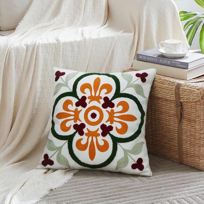 Merrycolor Boho Decorative Throw Pillow Cover 18x18 Colorful Embroidered Pillow Covers Textured Aesthetic Pillow Cases Bohemian Modern Farmhouse Pillow Covers for Couch Bed,1PC