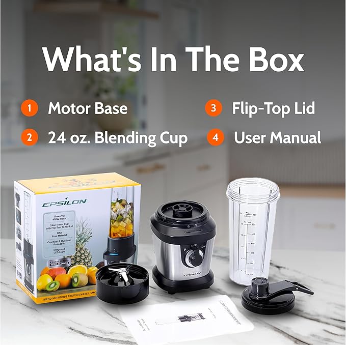 Epsilon Portable blender for Shakes and Smoothies – 400W Personal Blender with 24oz Portable Bottle, Electric Personal Blender Bottle with 4-Blade Assembly, Travel-Friendly and BPA-Free