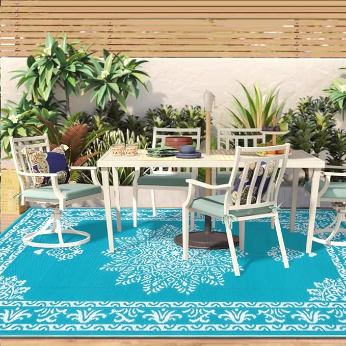 Yamaziot Outdoor Rug 8x10 Ft, Waterproof Plastic Straw Patio Rug, Reversible Backyard Carpet UV Resistant Portable RV Mat Clearance, Large Indoor Outdoor Rug for Patio, Porch, Deck, Balcony, Teal