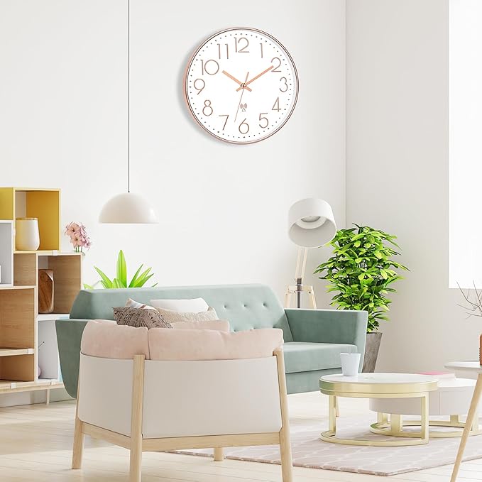 Foxtop Atomic Wall Clock Battery Operated Round Analog Modern Wall Clock Sets Automatically for Office Classroom Bedroom Kitchen Living Room (Rose Gold)