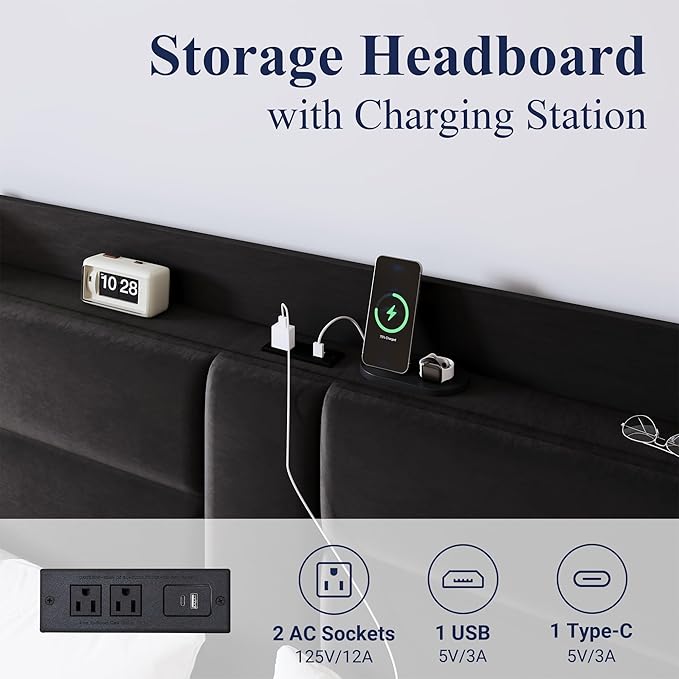 Allewie King Size Platform Bed Frame with Charging Station & Storage Headboard, Upholstered Velvet Wingback Design & USB Port, Strong Wooden Slats Support, No Box Spring Needed, Easy Assembly, Black